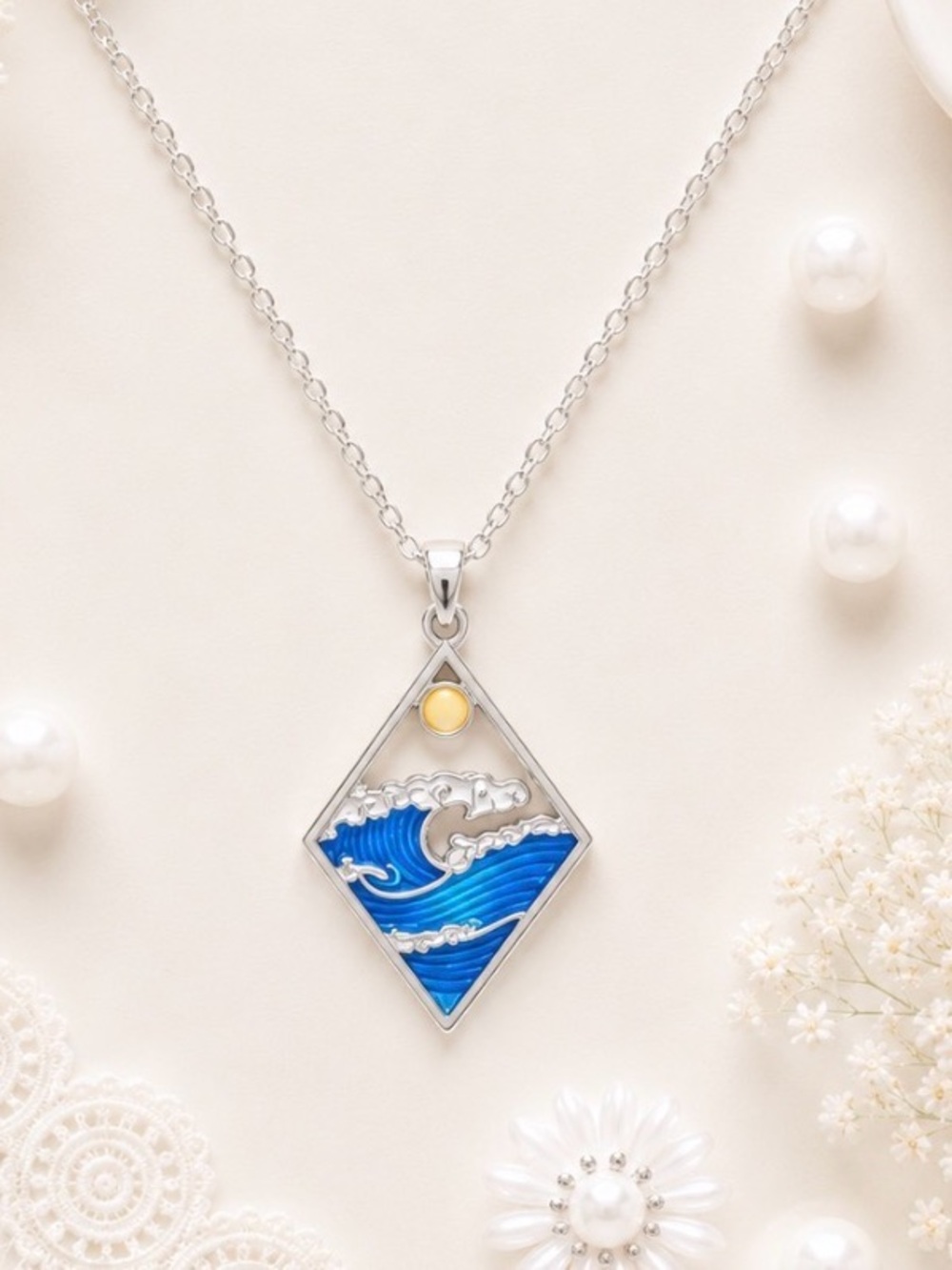Blue Enamel Wave Pendant Necklace - Women Jewelry